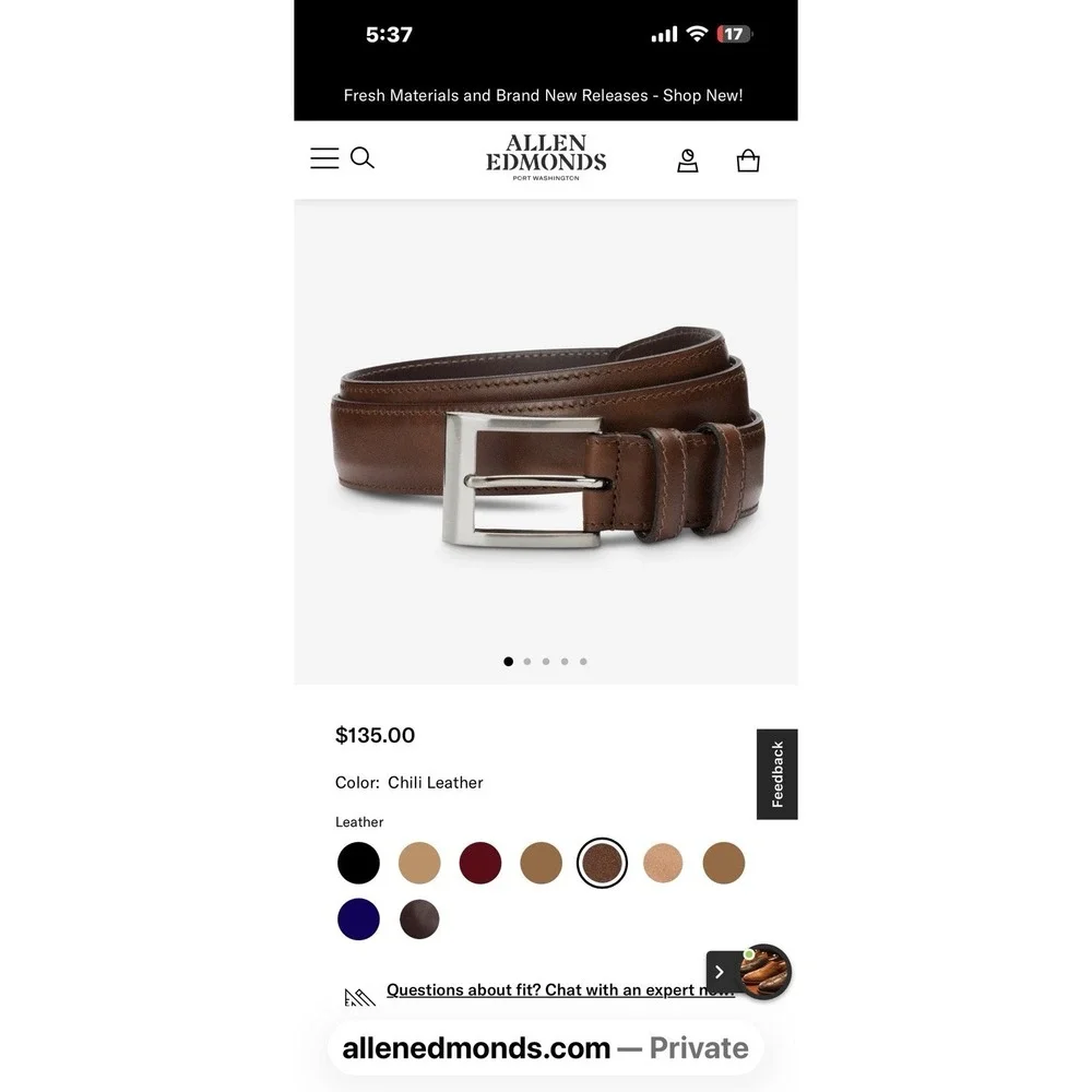 Allen Edmonds 14098 Brown Belt 44 NWT